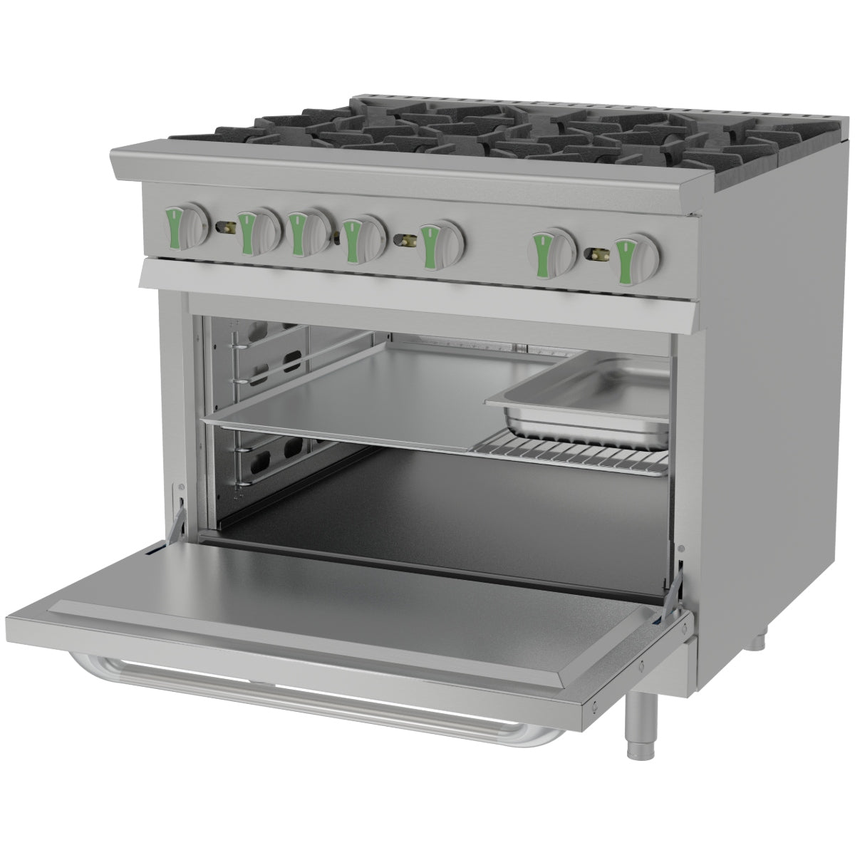Estufa a gas con horno 36 pulgadas para cocina profesional superficie 26 pulgadas y parrillas 30,000 BTU/H por quemador ASBER AER-6-36-EM