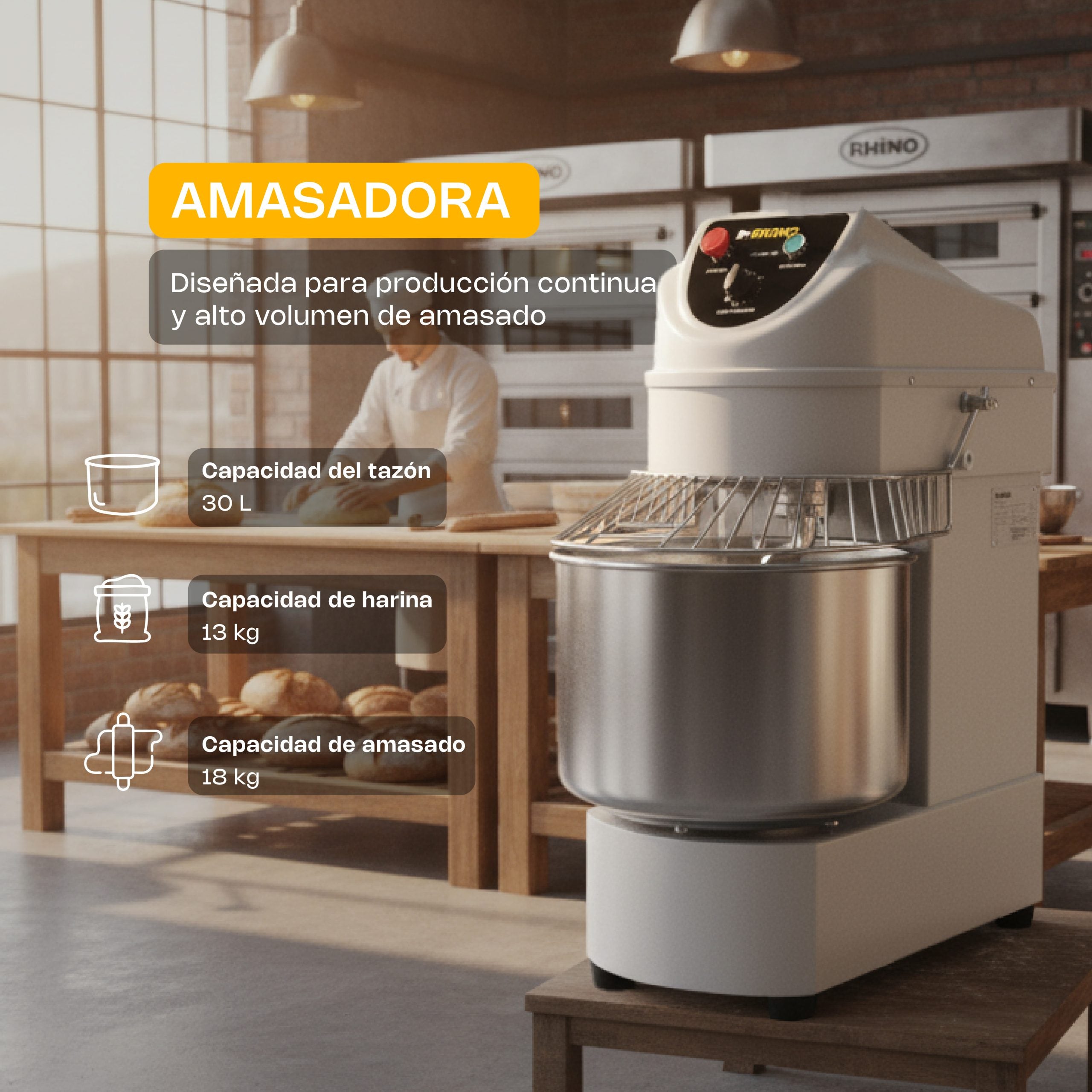 Amasadora de Espiral 30L / 13kg Harina Doble Acción 1,500W Monofásica Rhino AMASA-30