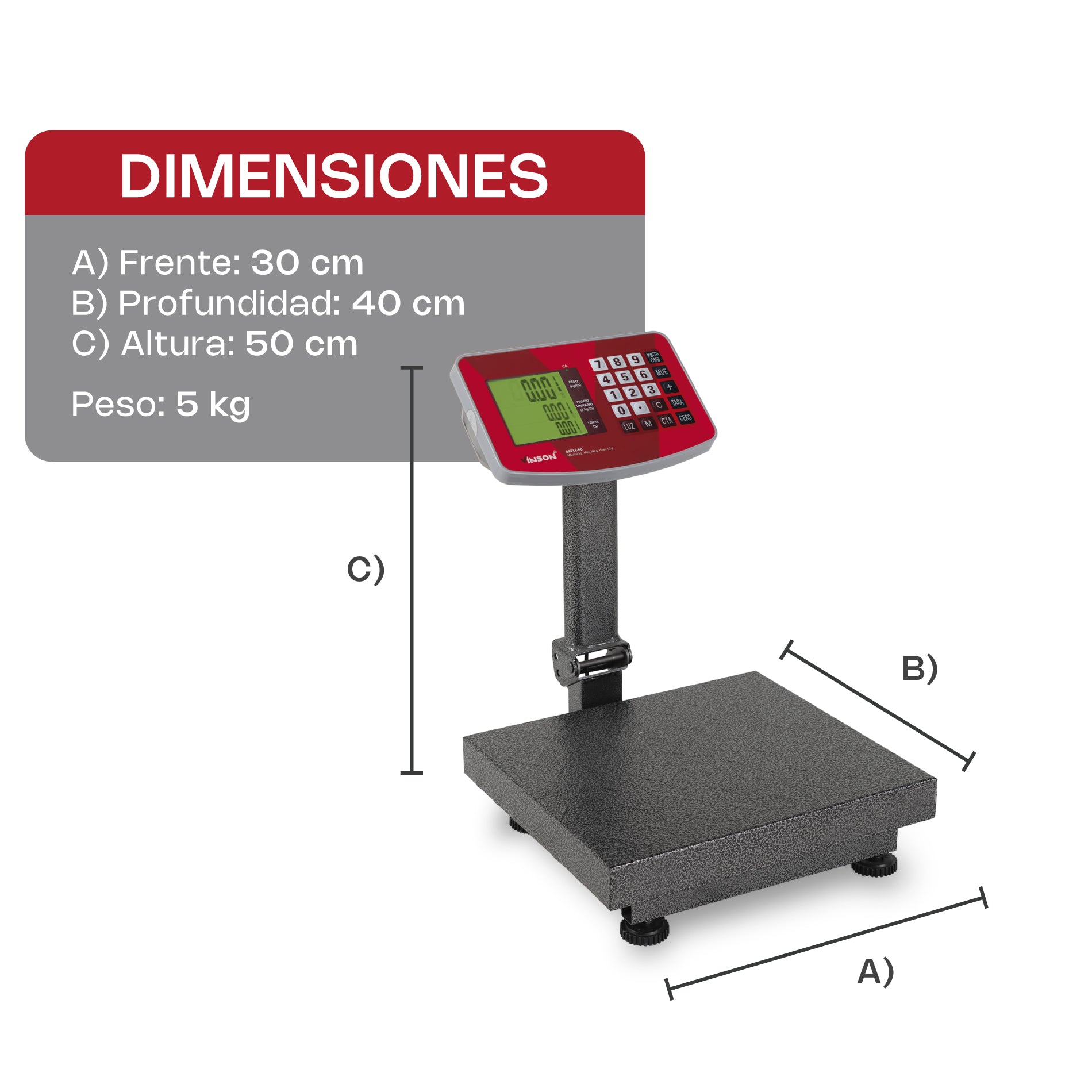 Báscula de Plataforma Plegable Comercial de 100 kg con Doble Pantalla Vinson BAPLE 60