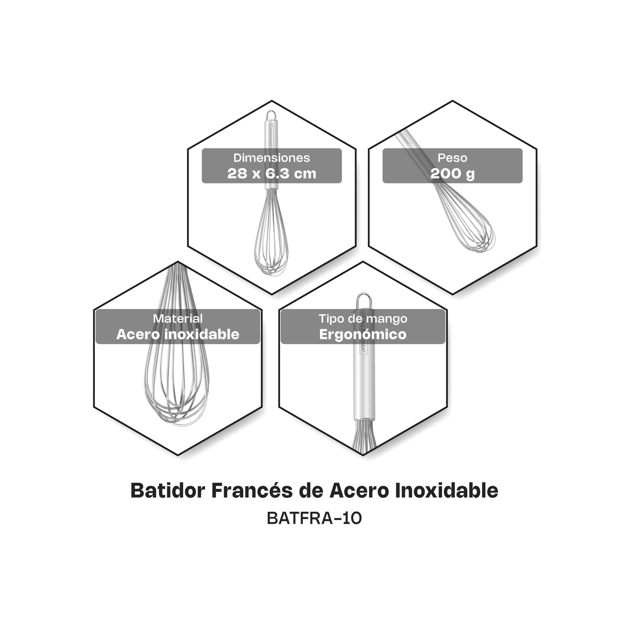 Batidor Francés de Acero Inoxidable de 28 cm para Cocina - Caledonia BATFRA-10