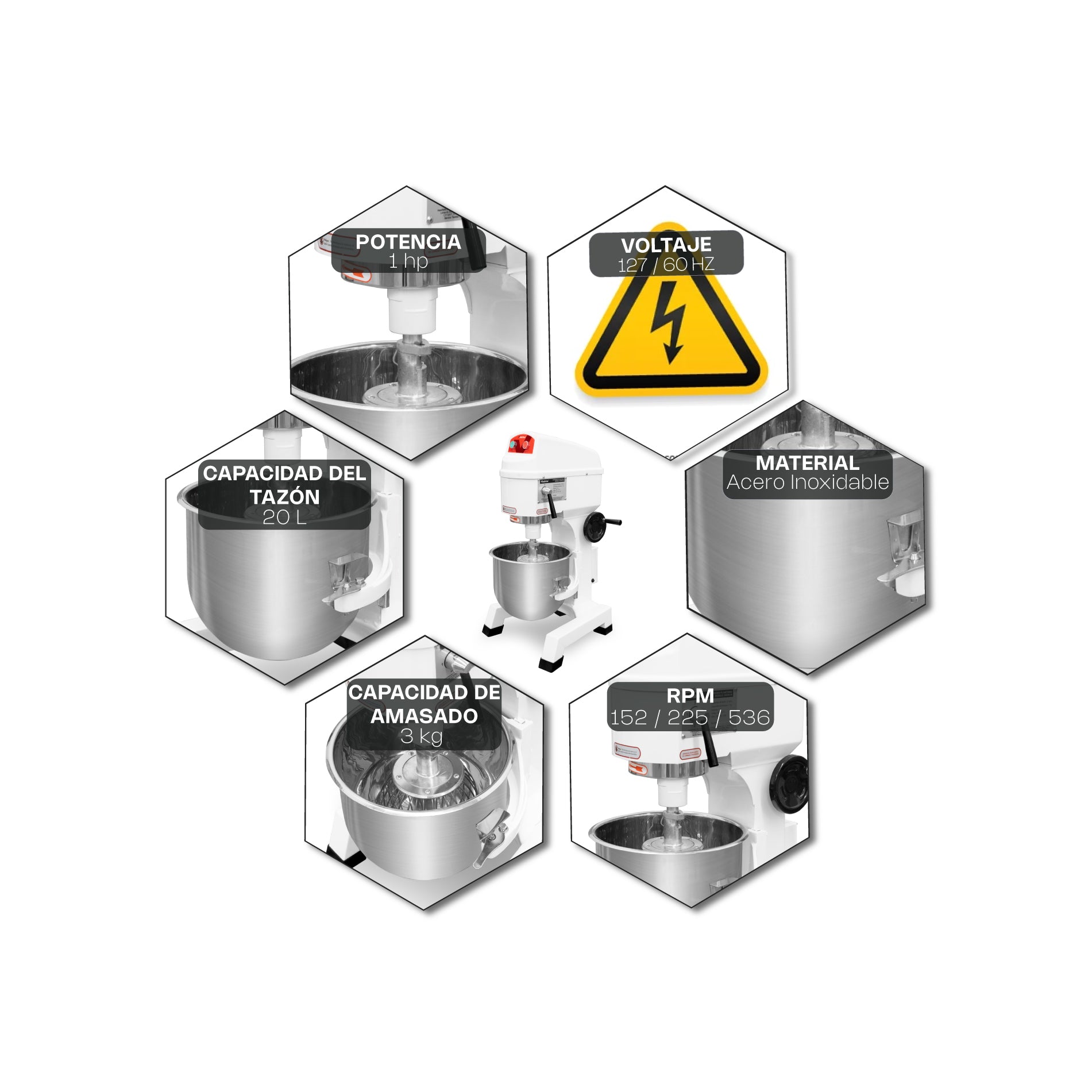 Batidora Planetaria Profesional de 20 Litros con 3 Velocidades y Accesorios Vinson BAVIN-20