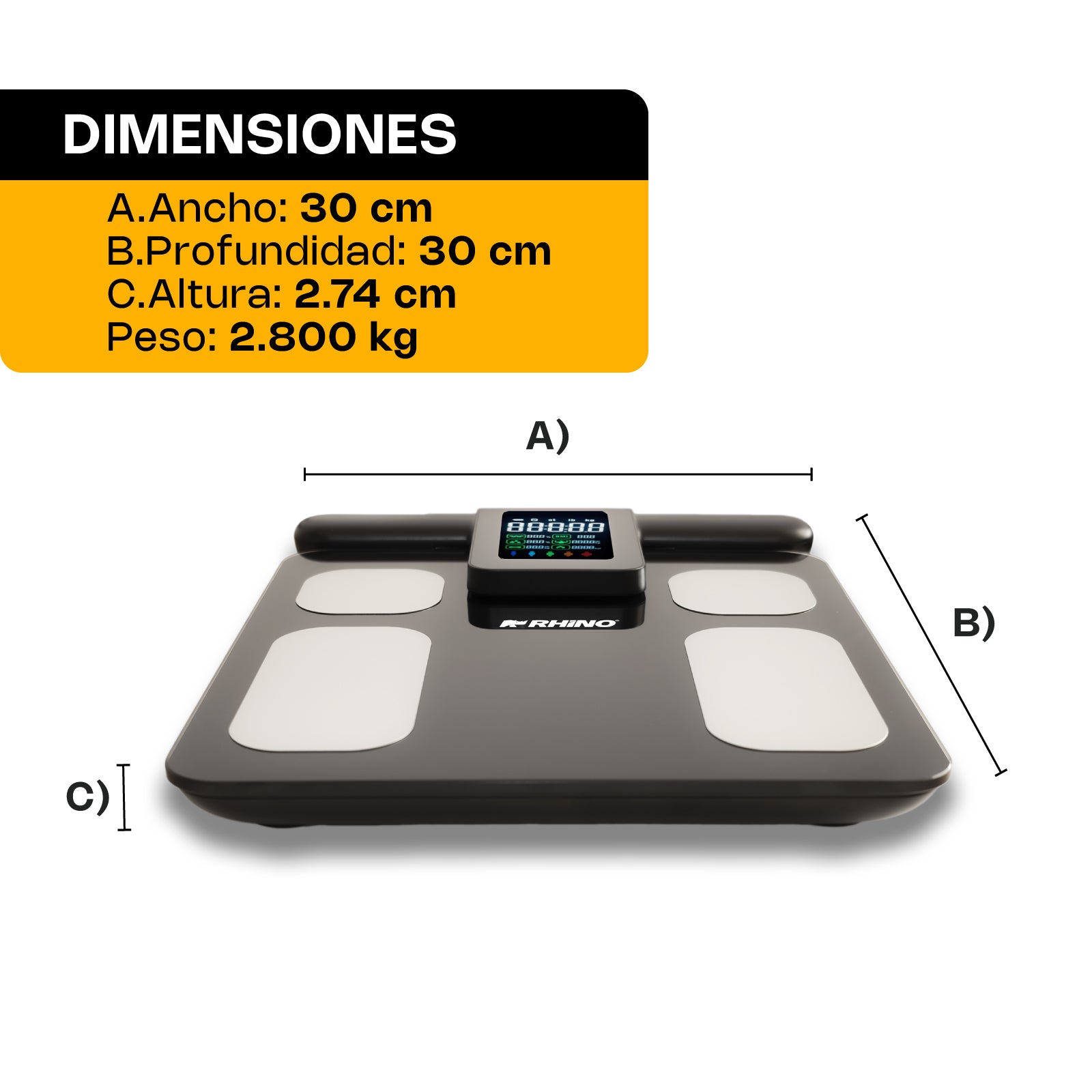 Báscula Inteligente de Pesaje Corporal de 180 kg con 8 Electrodos y Bluetooth - Rhino BIOMA-180