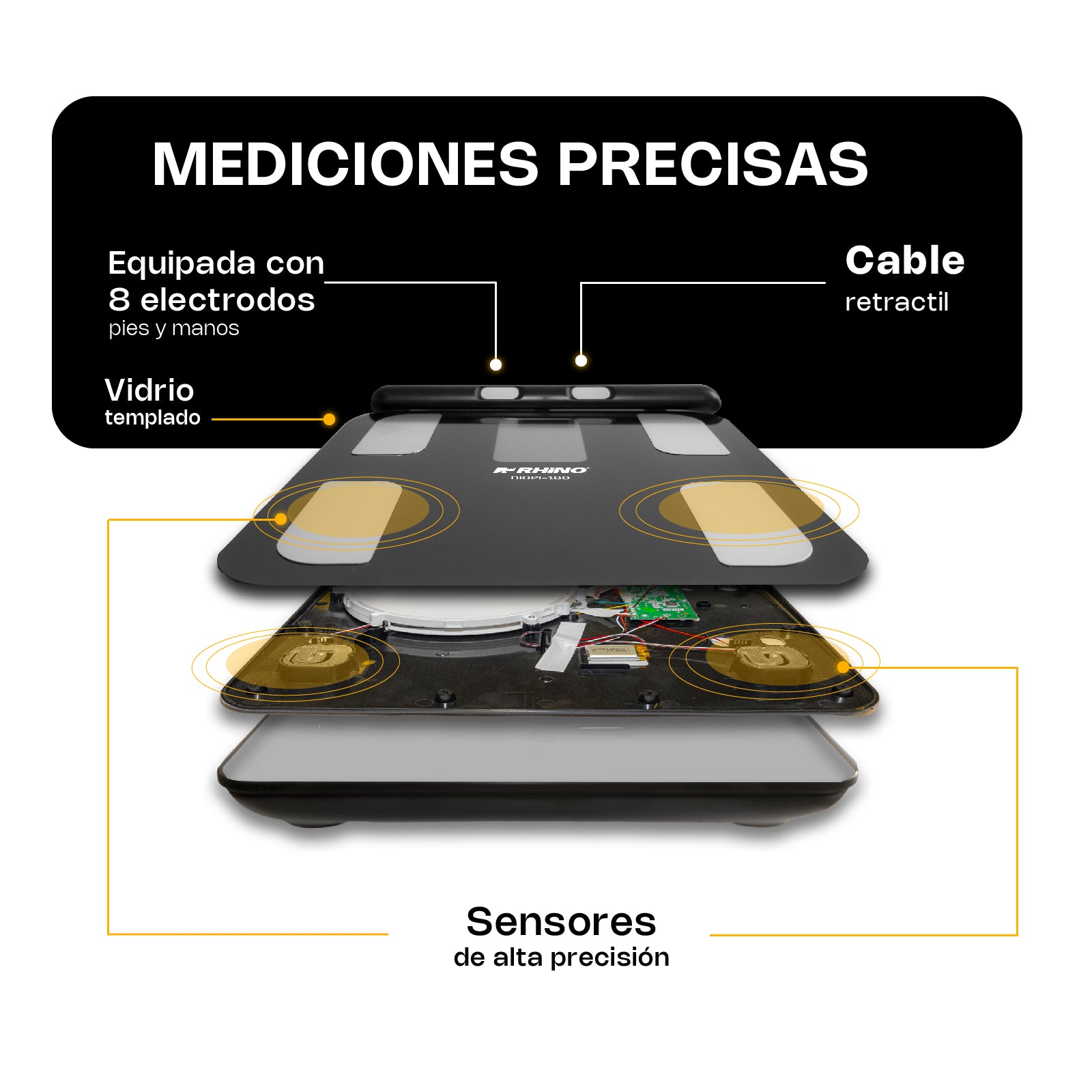 Báscula Inteligente de Pesaje Corporal de 180 kg con 8 Electrodos y Bluetooth Rhino BIOPI-180