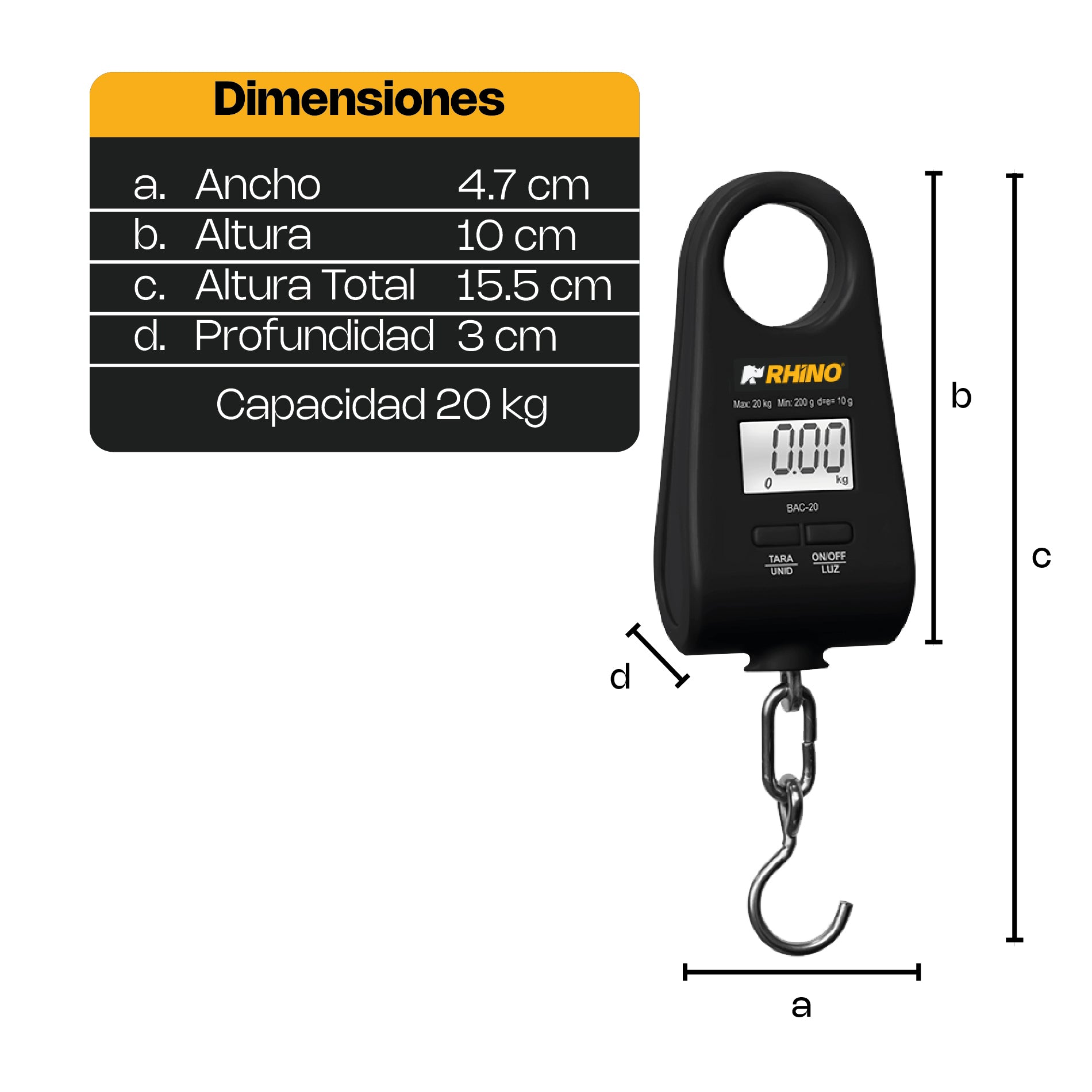 Báscula Electrónica Colgante 20 kg Rhino BAC-20