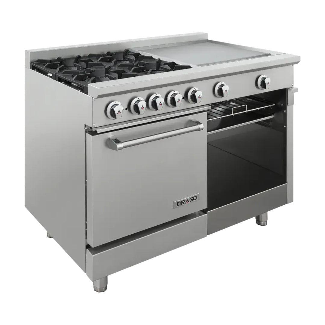 Estufa con 4 quemadores, horno y plancha de 2 pies Drago modelo CG-41 PD