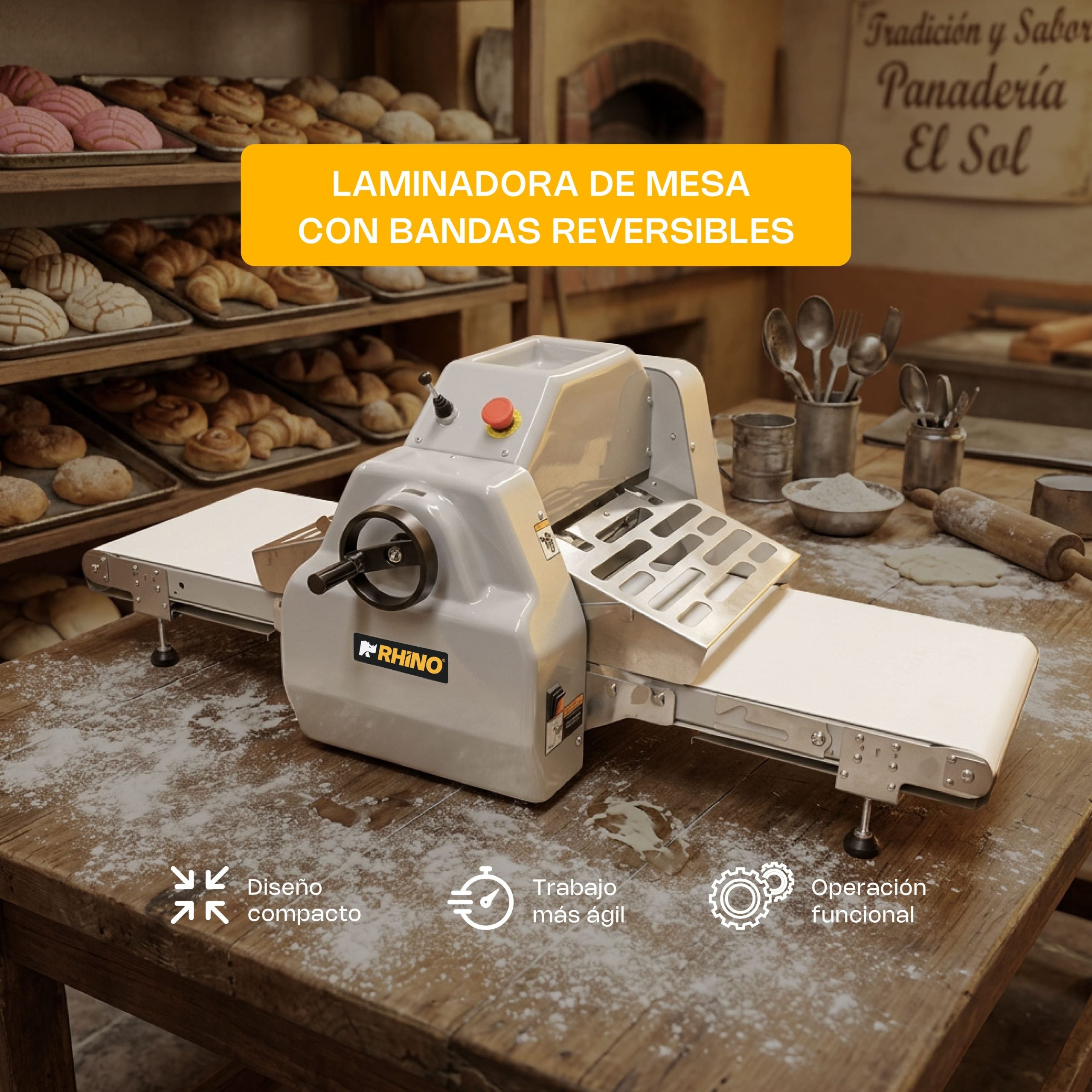 Laminadora de Masa de Mesa Bandas Reversibles Rhino LAMBA-169M