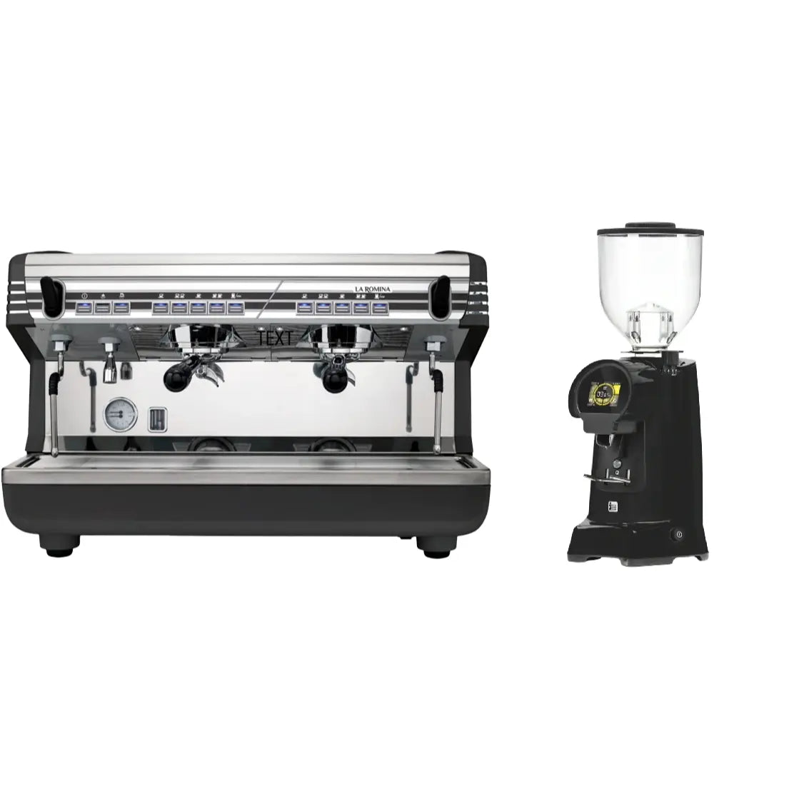 Paquete Cafetera de espresso de 2 grupos Simonelli La Romina y Molino de cafe Eureka Dario