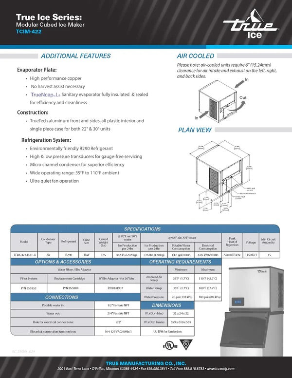 Máquina de hielo de medio cubo refrigerada por aire - 200 kg/24 h TRUE TCIM-422-HA1-A