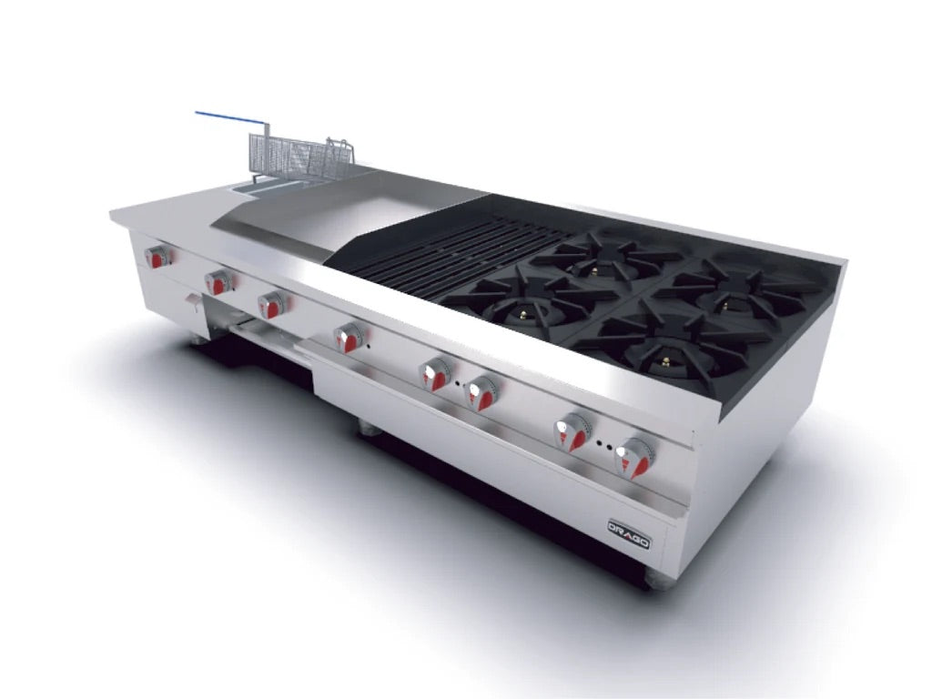 Estufa con 4 quemadores asador, plancha, freidora y gratinador Drago modelo UNIVERSAL UDM