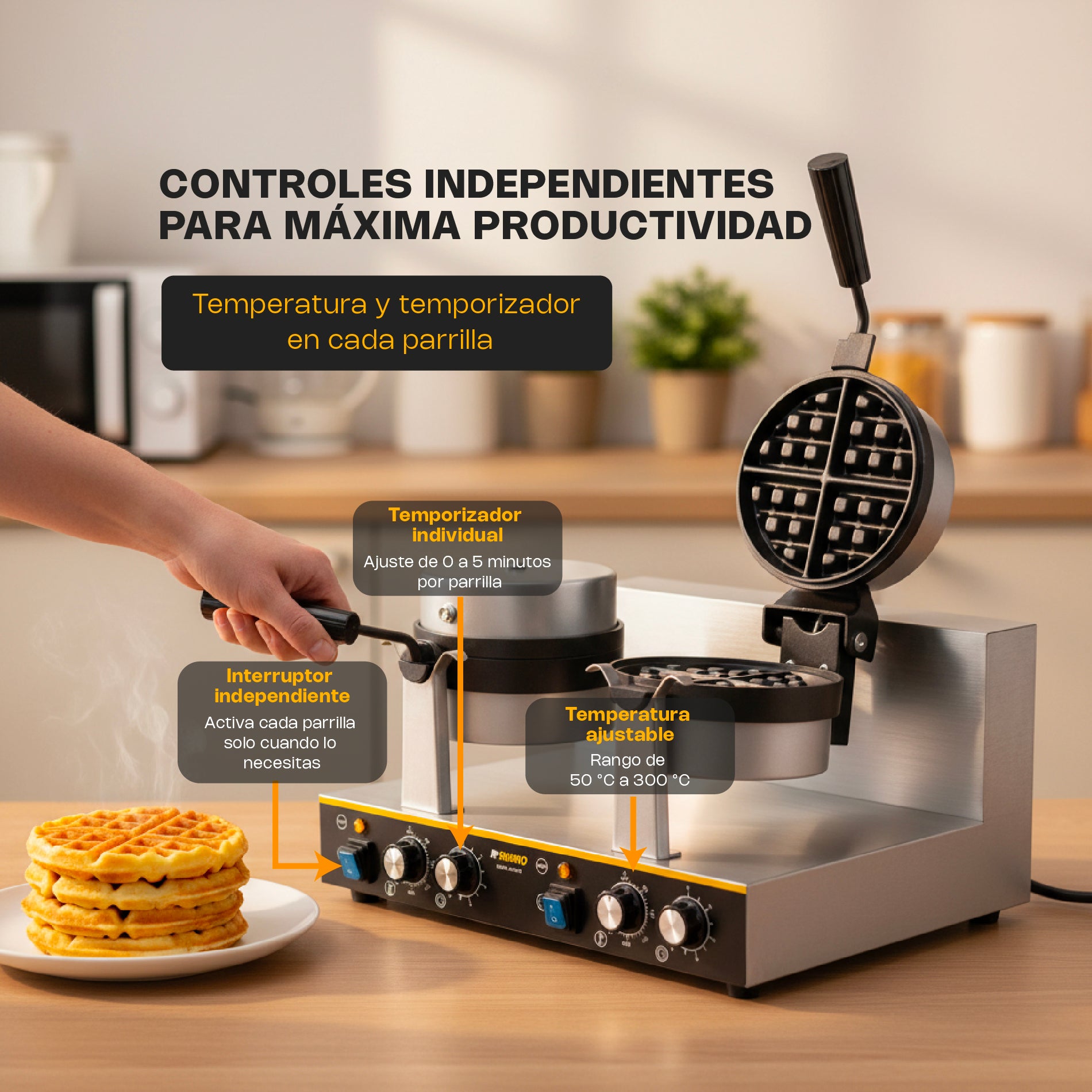 Waflera Belga Giratoria Doble 1,850 W RHINO WABE-2400