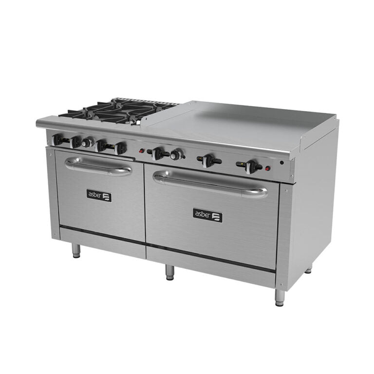 Estufa múltiple industrial 4 quemadores, plancha, y 2 hornos marca Asber modelo AEMR-2-G36-B4-60-H freeshipping - Innova FoodService