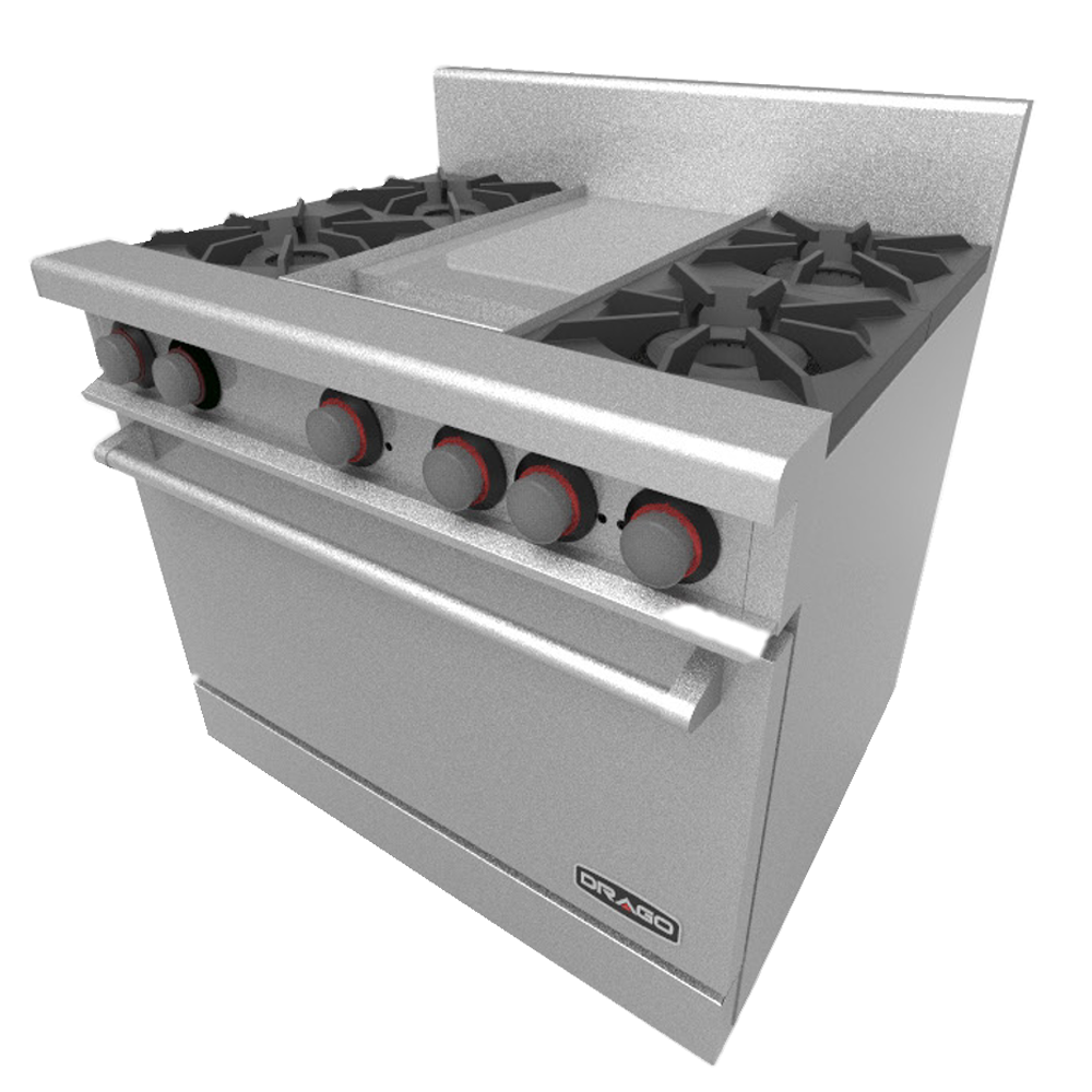 Estufa con 4 quemadores, horno y plancha Marca Drago Modelo CG-41P freeshipping - Innova FoodService