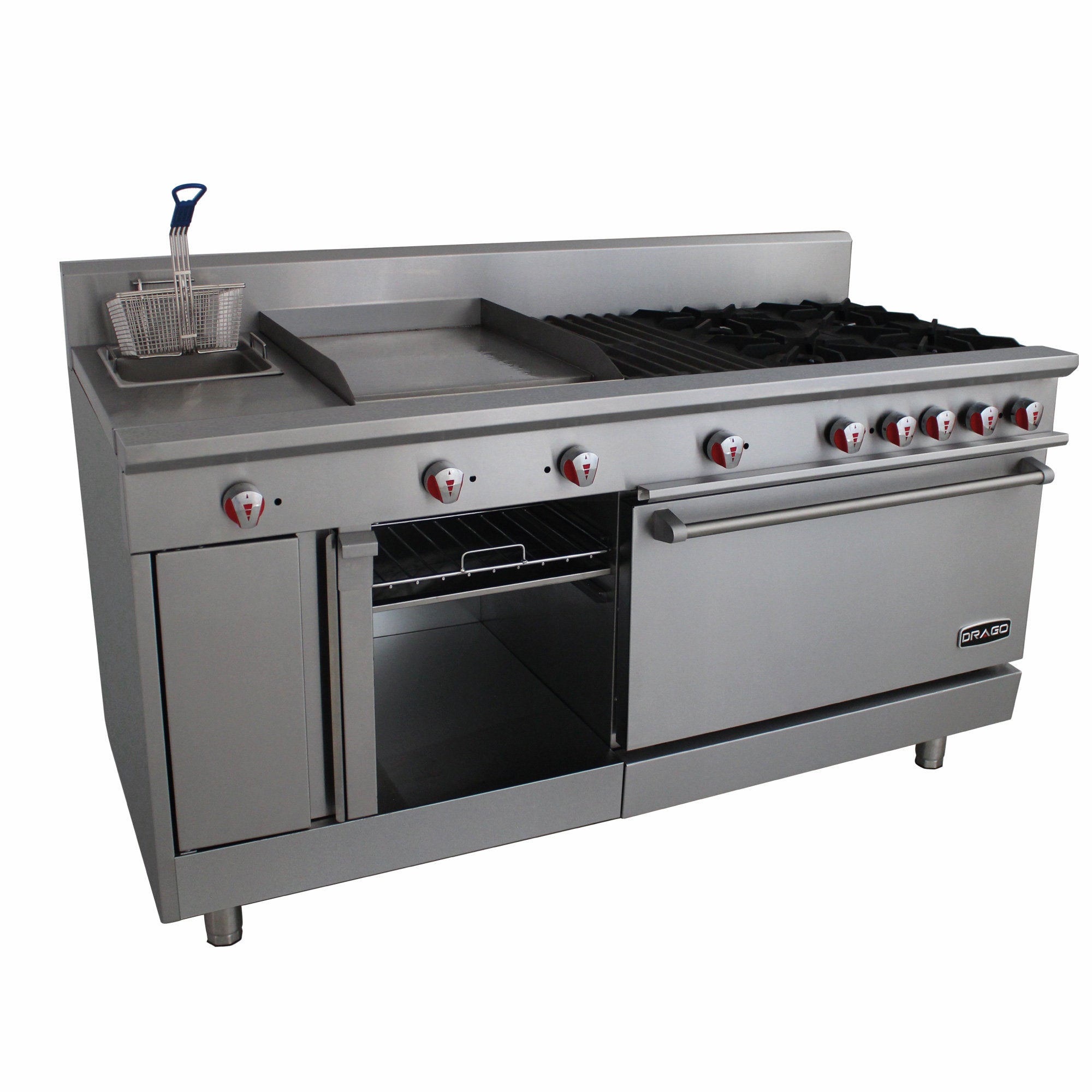 Estufa con 4 quemadores, horno, asador, plancha, freidor y gratinador Marca Drago Modelo UNIVFG/S-PD freeshipping - Innova FoodService
