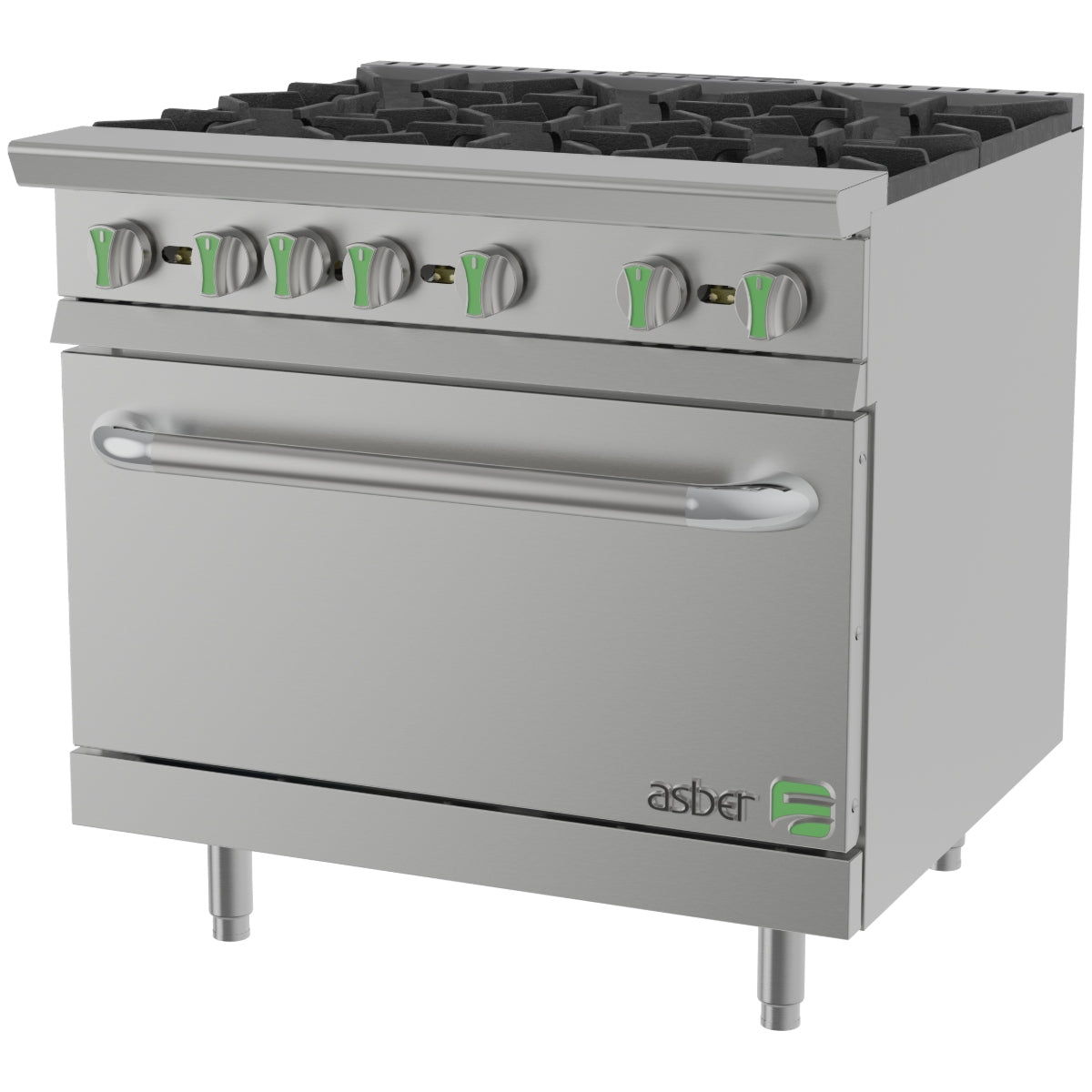 Estufa a gas con horno 36 pulgadas para cocina profesional superficie 26 pulgadas y parrillas 30,000 BTU/H por quemador ASBER AER-6-36-EM