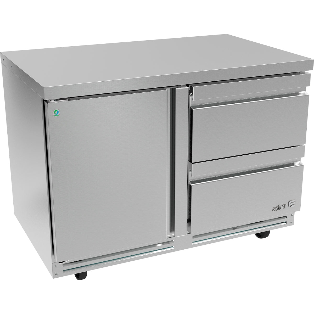 Mesa Fría Bajo Mostrador para Cocina Industrial 1 Puerta y 2 Cajones R290 Acero Inoxidable ASBER AUTR-48-D2-P-HC
