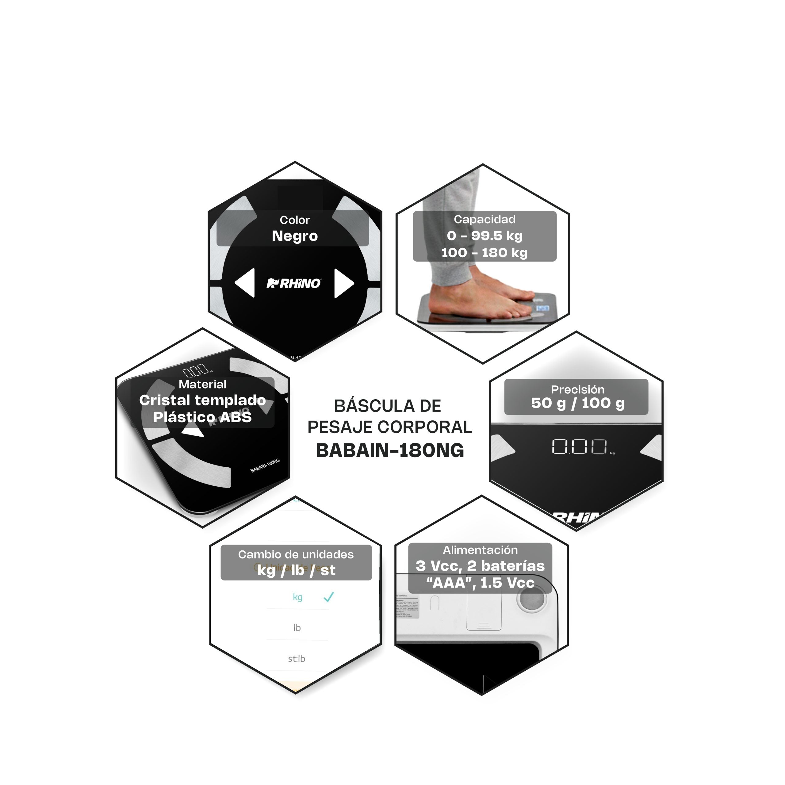 Báscula Inteligente para Peso Corporal de 180 kg con Bluetooth y Pantalla LED - Rhino BABAIN-180NG
