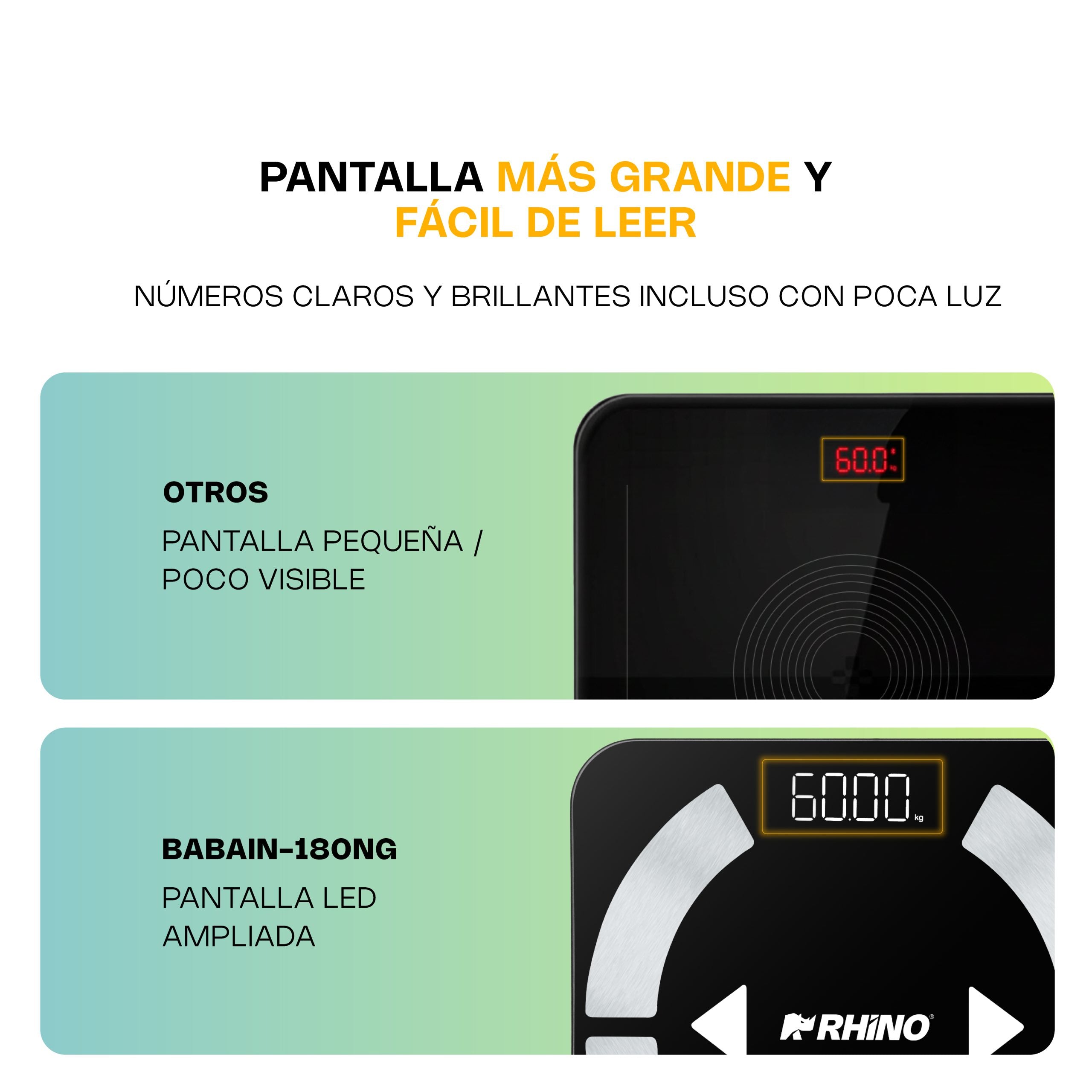 Báscula Inteligente para Peso Corporal de 180 kg con Bluetooth y Pantalla LED - Rhino BABAIN-180NG