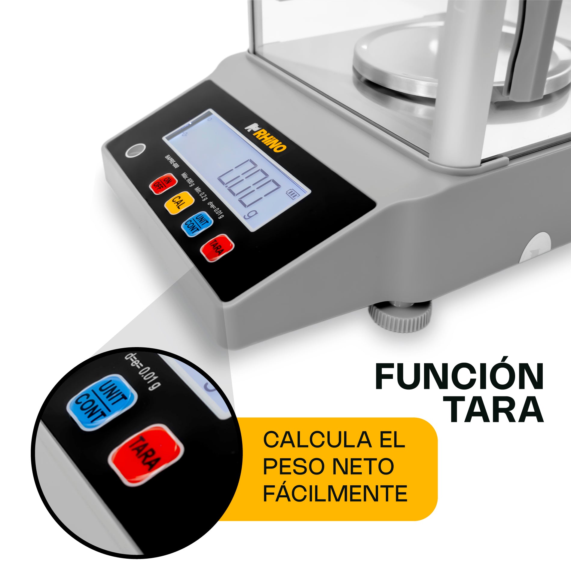 Báscula Electrónica de Precisión de 600 g con Conteo de Piezas y Función Hold Rhino BAPRE-600