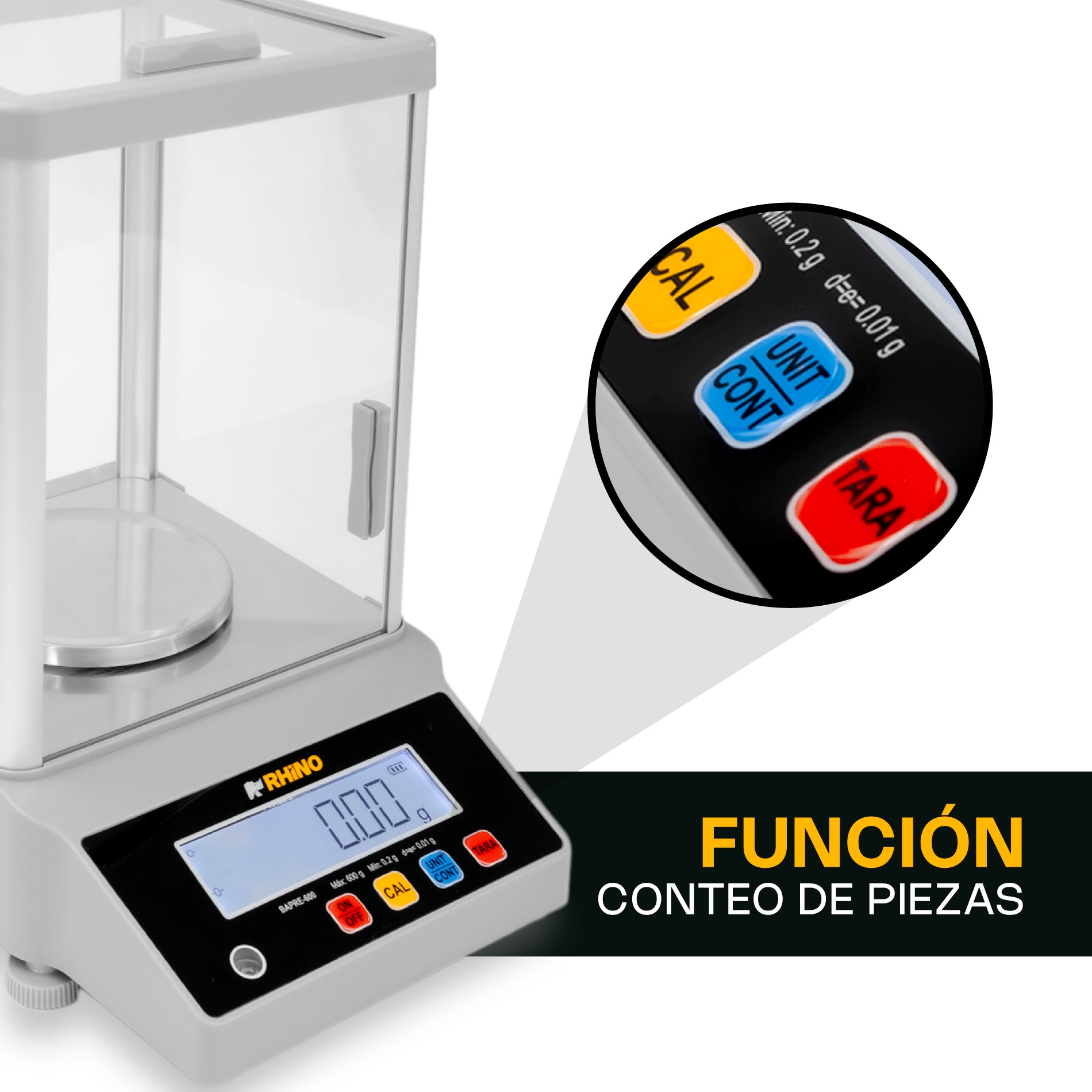 Báscula Electrónica de Precisión de 600 g con Conteo de Piezas y Función Hold Rhino BAPRE-600