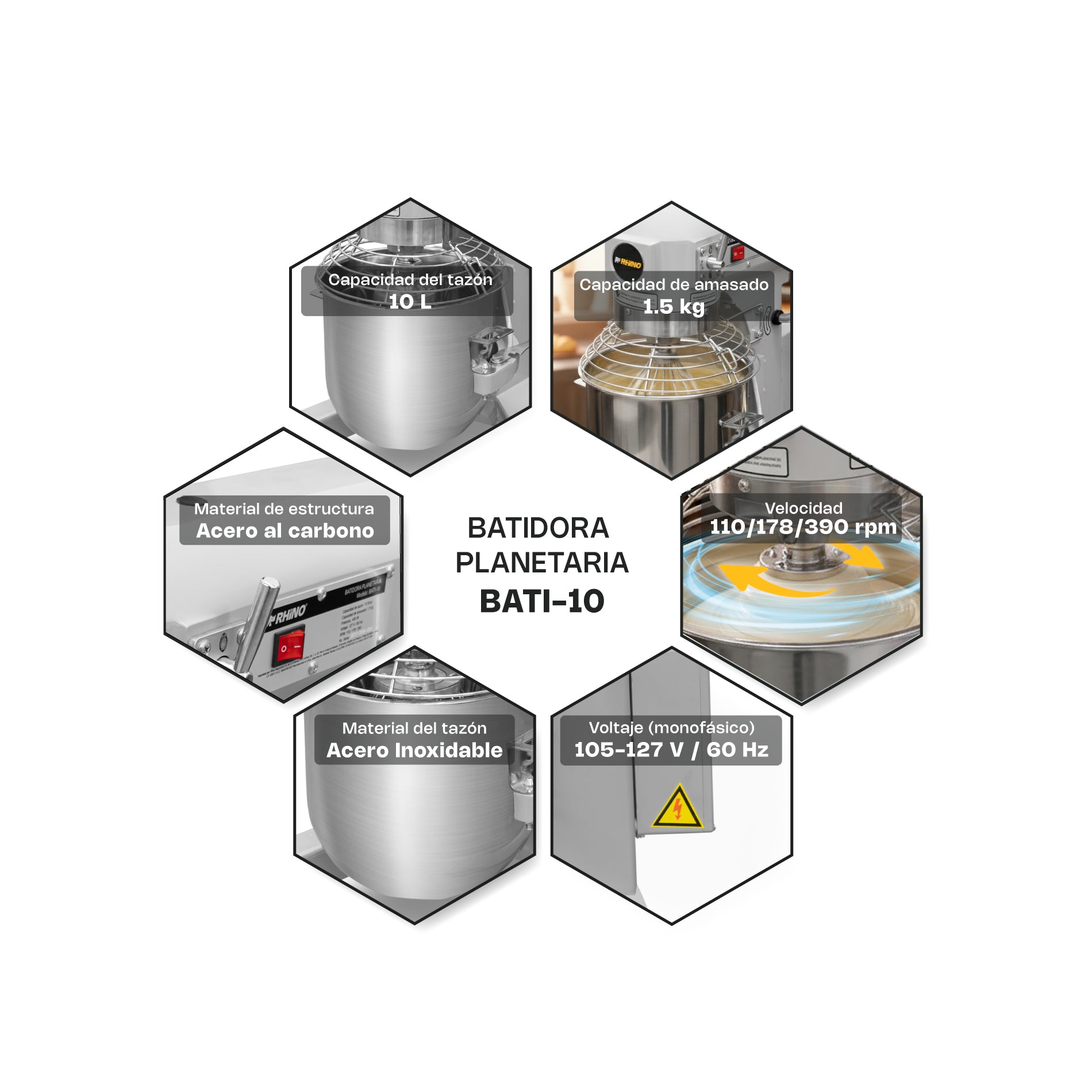 Batidora Planetaria Comercial de 10 Litros con Guarda de Protección y 3 Velocidades Rhino BATI-10