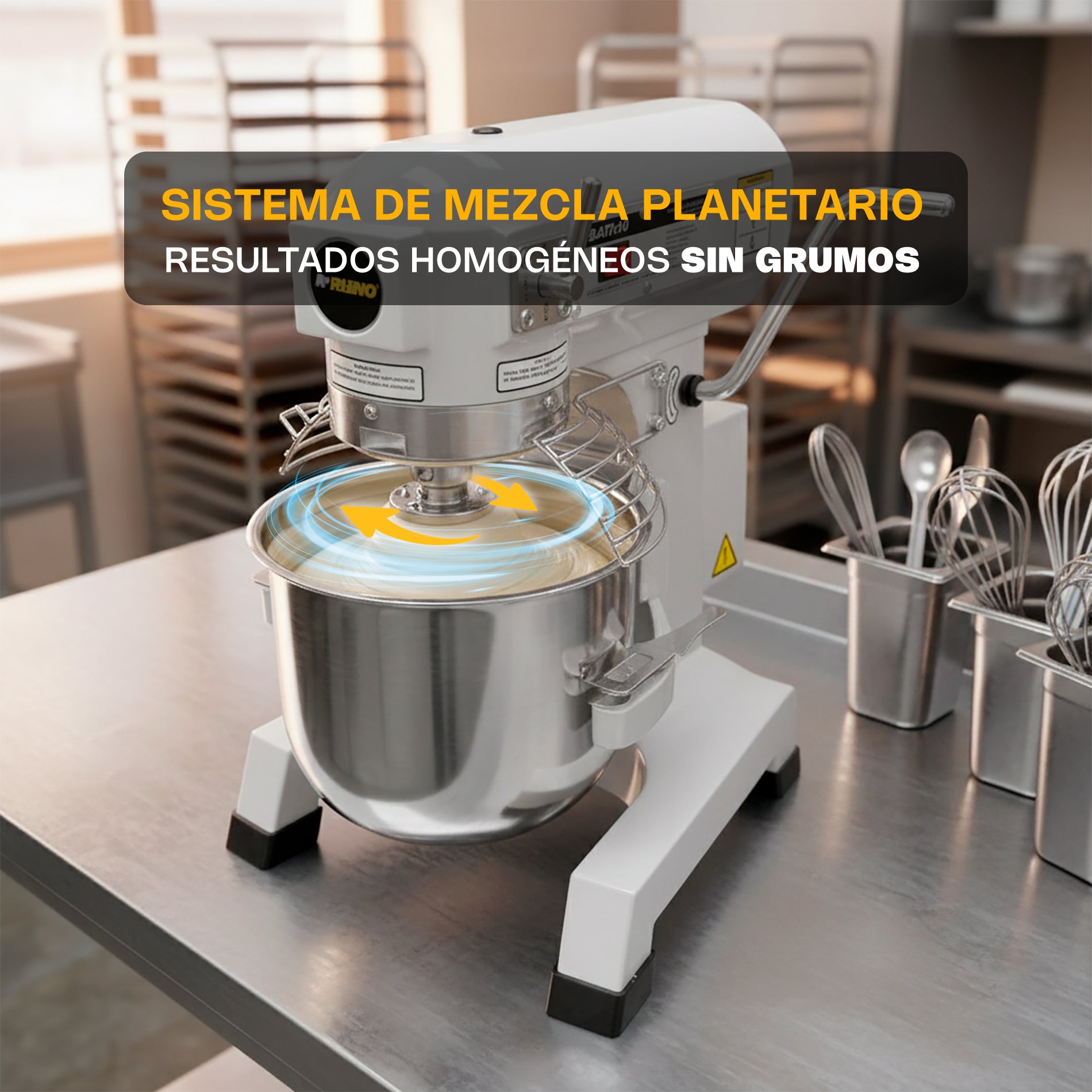 Batidora Planetaria Comercial de 10 Litros con Guarda de Protección y 3 Velocidades Rhino BATI-10