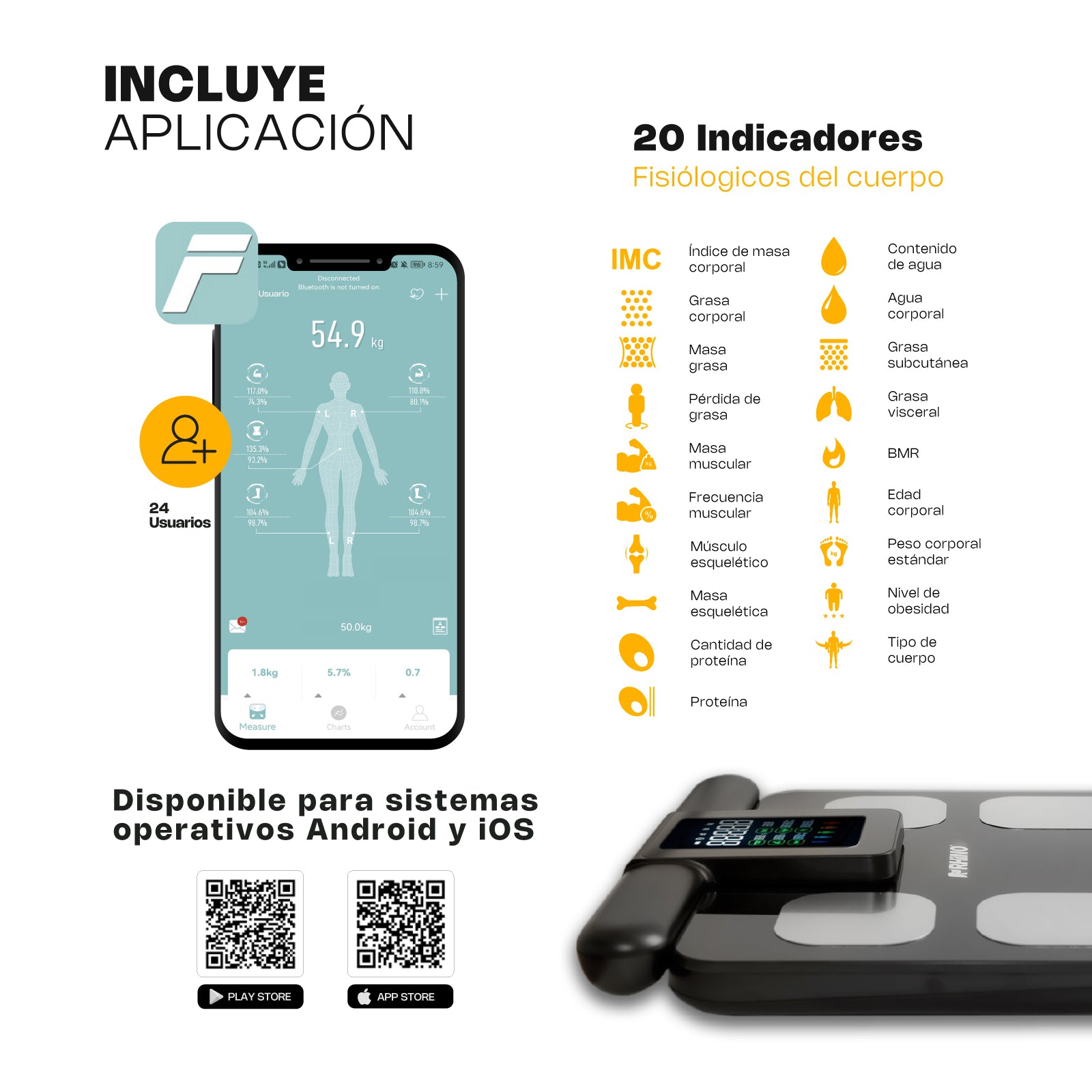 Báscula Inteligente de Pesaje Corporal de 180 kg con 8 Electrodos y Bluetooth - Rhino BIOMA-180