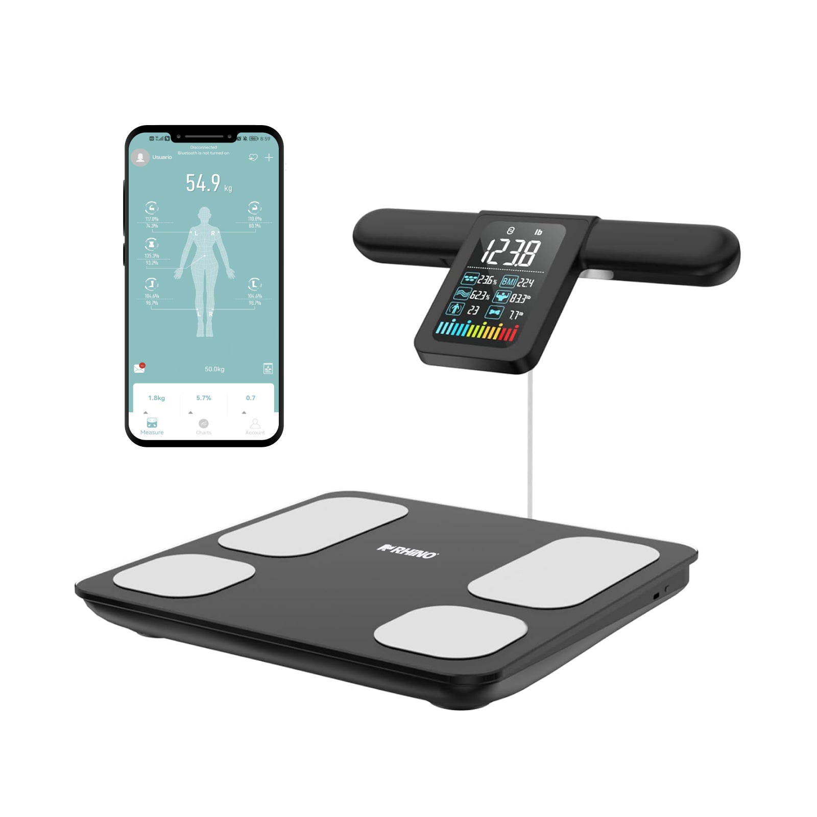 Báscula Inteligente de Pesaje Corporal de 180 kg con 8 Electrodos y Bluetooth - Rhino BIOMA-180