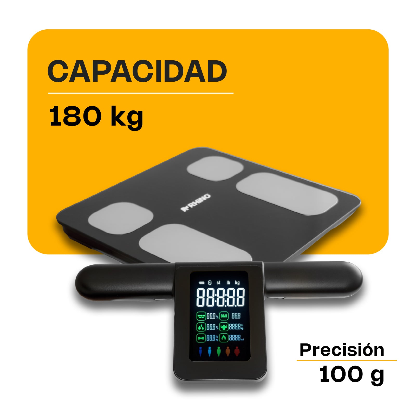 Báscula Inteligente de Pesaje Corporal de 180 kg con 8 Electrodos y Bluetooth - Rhino BIOMA-180
