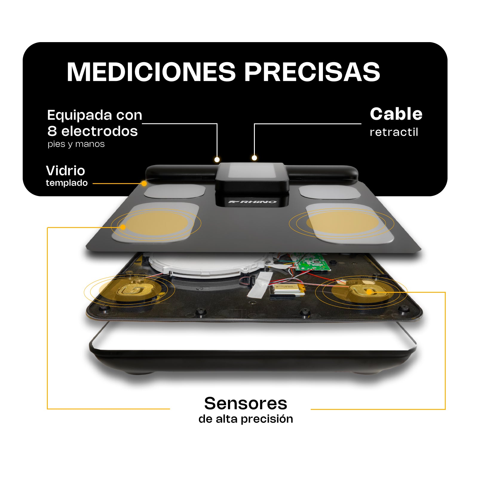 Báscula Inteligente de Pesaje Corporal de 180 kg con 8 Electrodos y Bluetooth - Rhino BIOMA-180