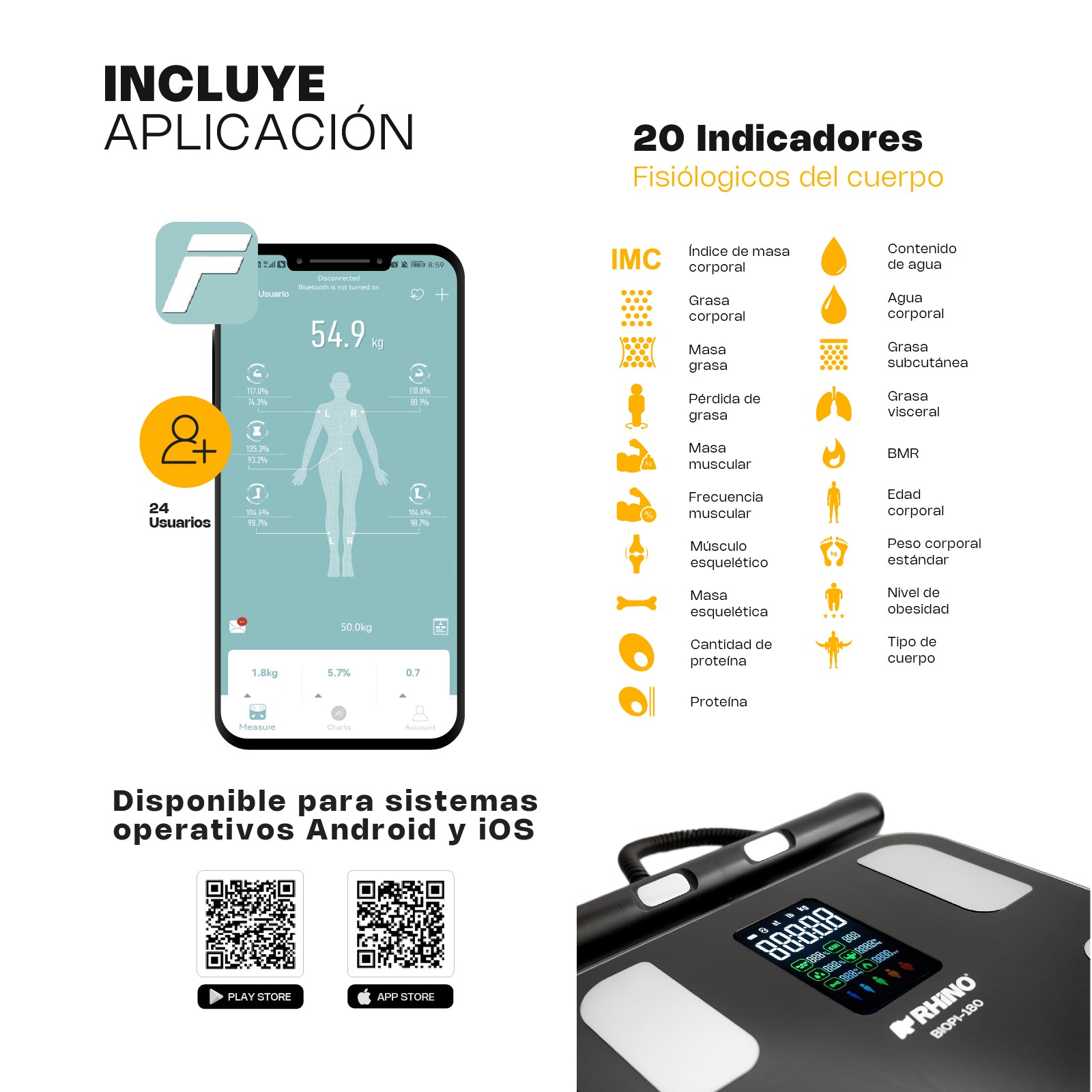 Báscula Inteligente de Pesaje Corporal de 180 kg con 8 Electrodos y Bluetooth Rhino BIOPI-180