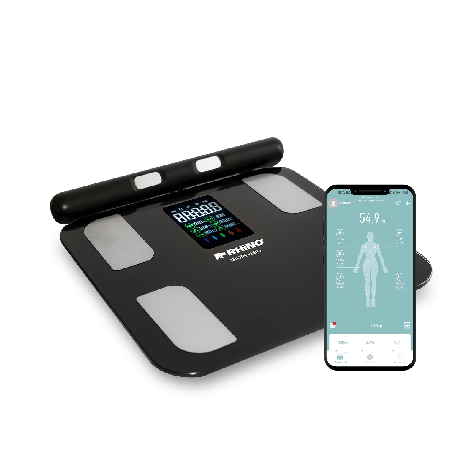 Báscula Inteligente de Pesaje Corporal de 180 kg con 8 Electrodos y Bluetooth Rhino BIOPI-180