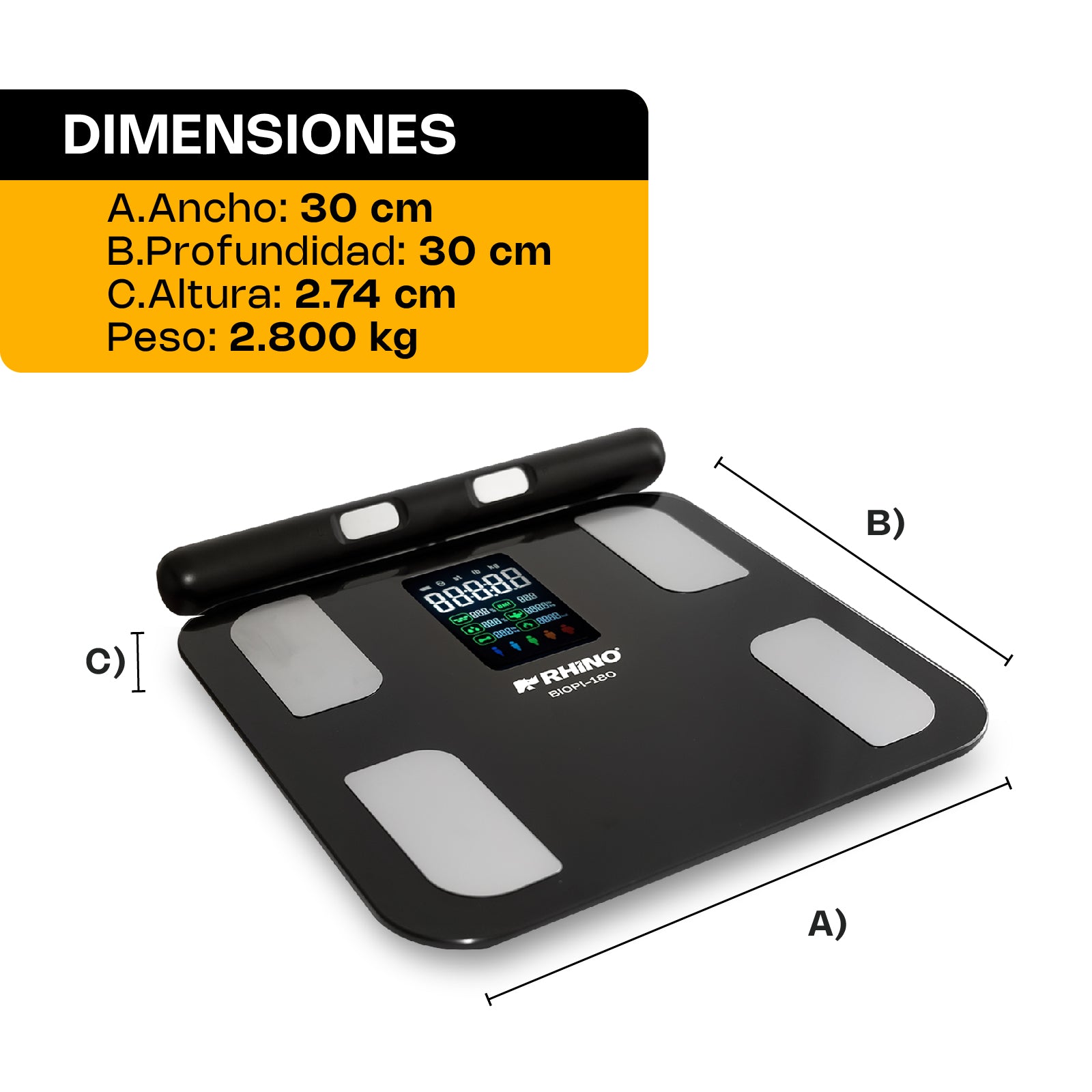 Báscula Inteligente de Pesaje Corporal de 180 kg con 8 Electrodos y Bluetooth Rhino BIOPI-180