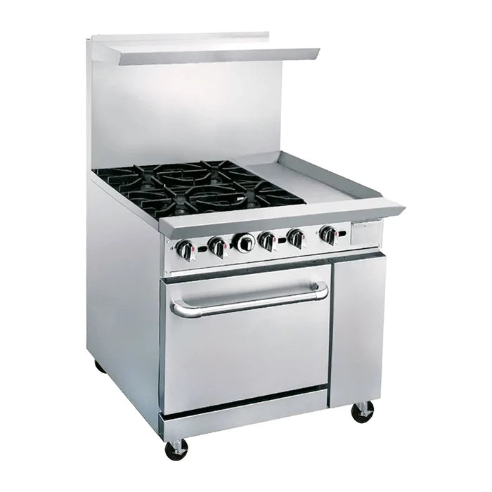 Estufa comercial a gas de 4 quemadores, plancha y horno con respaldo MIGSA DCR36-4QH