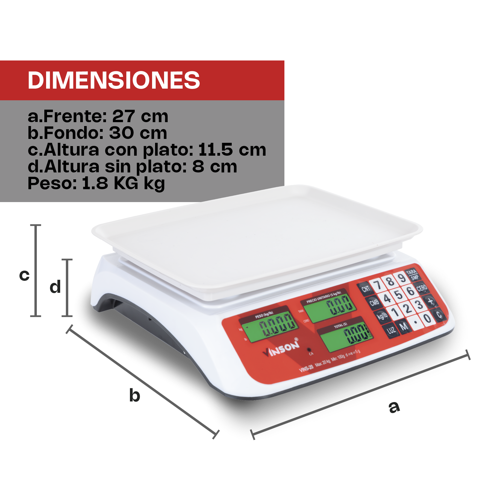 Báscula Electrónica Comercial de 20 kg con Función de Caja Registradora y Conteo de Piezas Vinson VINS-20