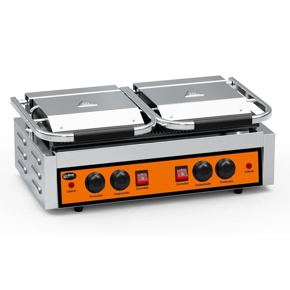 Plancha Panini Grill Eléctrica de Doble Cabezal Industrial 110V Acanalada Migsa Essential PPME-3