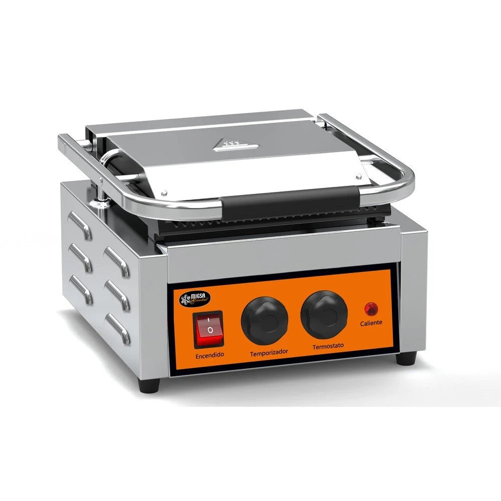 Plancha Panini Grill Eléctrica Industrial 120V Acanalada de Acero Inoxidable con Temporizador Migsa Essential PPME-1