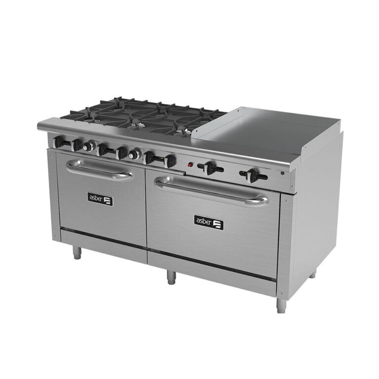 Estufa múltiple industrial 6 quemadores, plancha, respaldo con repisa y 2 hornos marca Asber modelo AEMR-2-G24-B6-60-H freeshipping - Innova FoodService