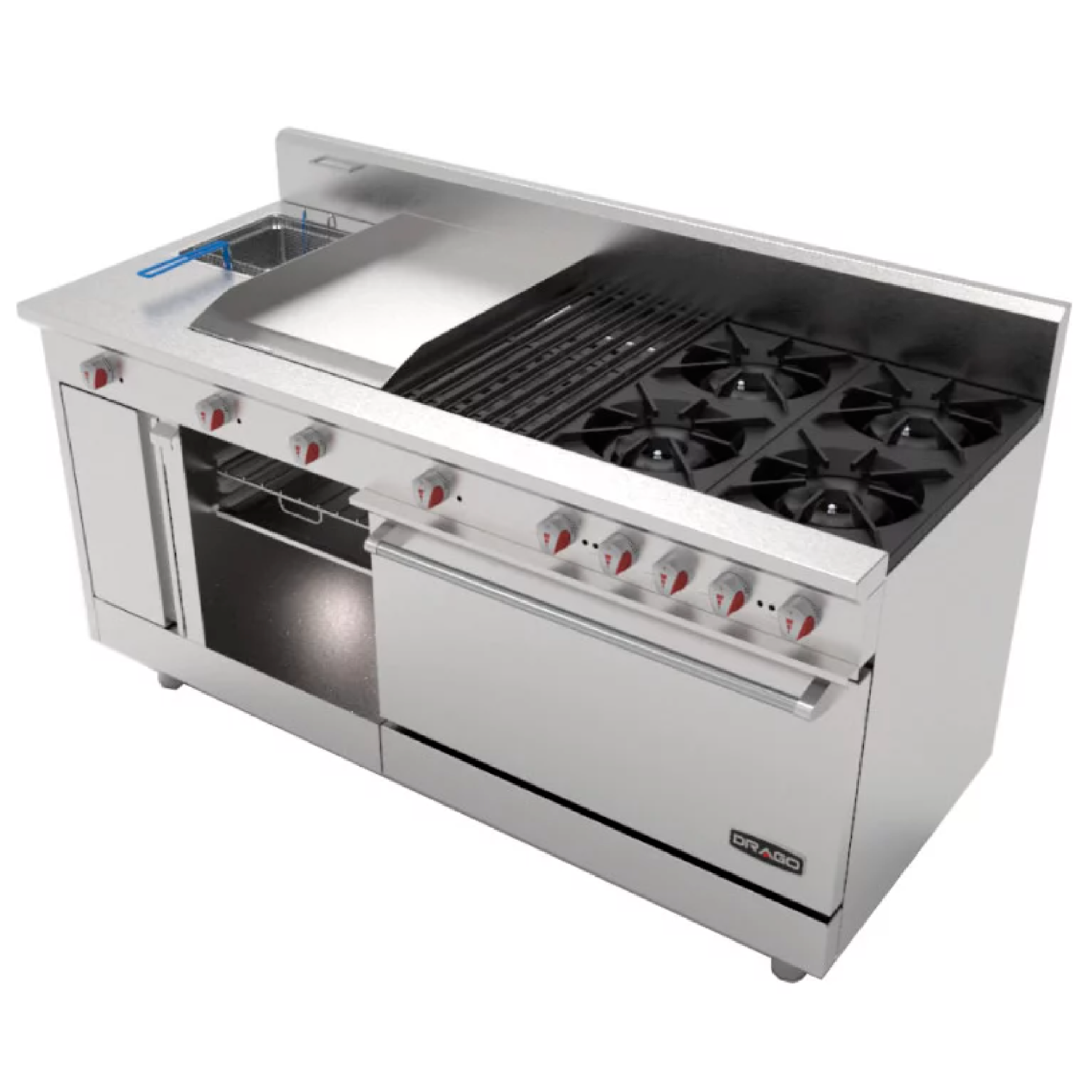 Estufa con 4 quemadores, horno, asador, plancha, freidor y gratinador Marca Drago Modelo UNIVERSAL freeshipping - Innova FoodService