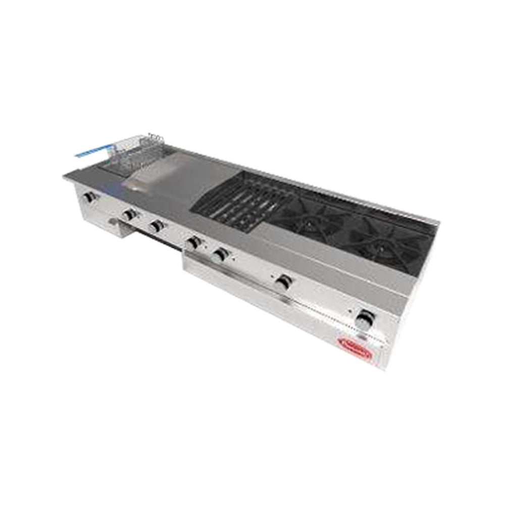 Estufa con 2 quemadores, freidor, plancha, asador y gratinador Marca Drago Modelo UNIVERSAL MD SLIM freeshipping - Innova FoodService